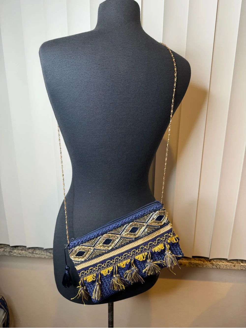 Embroidered Navy Blue Tassel Clutch with Gold Accents Gold Chain